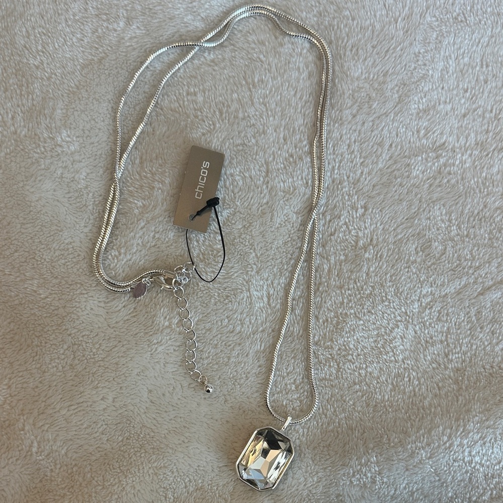 Chico's Silver Necklace with Clear Pendant New With Tag